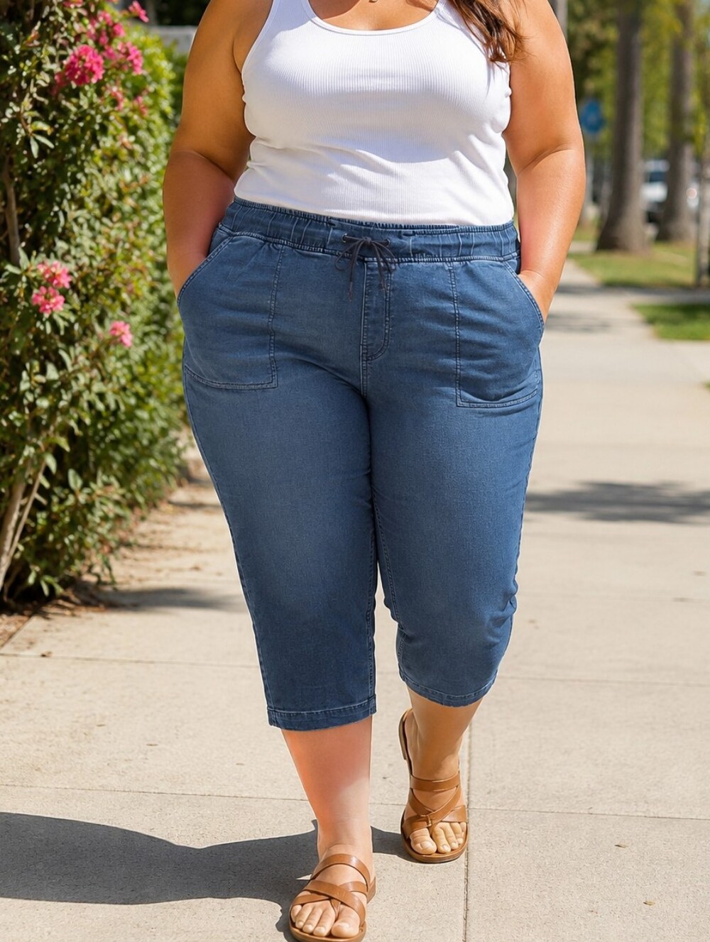 DC Jeans Plus Size Blue Pull-On Stretch Denim Capri Jogger Pants Elastic Waist